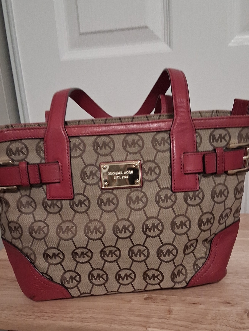 Michael Kors Beige Logo Tote with Red Trim